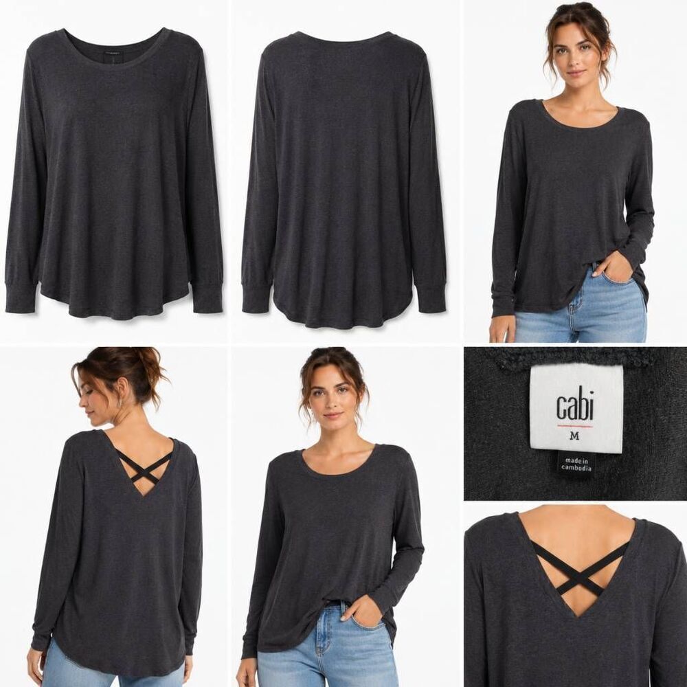 Cabi Women’s Medium Charcoal Gray Long Sleeve Strappy V-Neck Top Rayon Blend